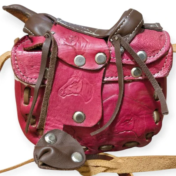 Genuine Leather Red Brown Silver Horse Equestrian Mini Vintage Saddle Bag - Picture 4 of 9